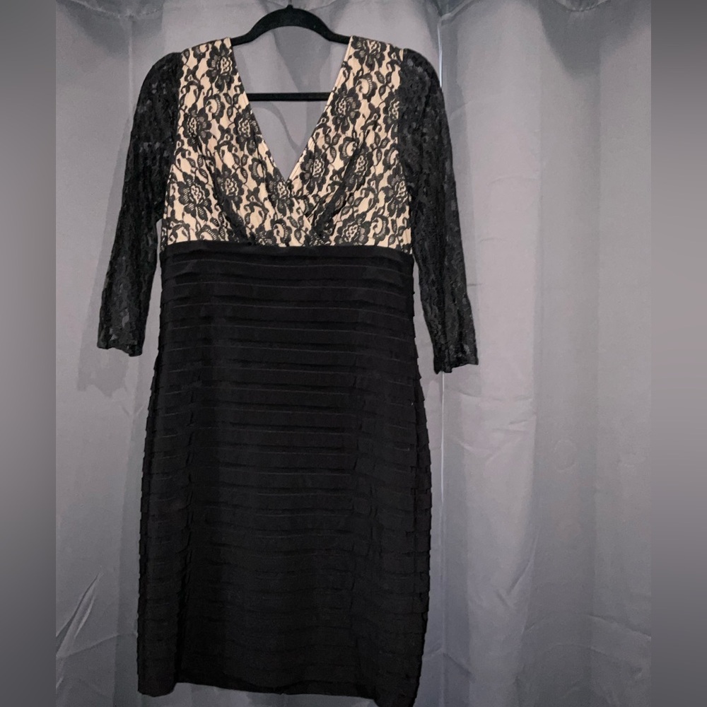 Adrianna Papell Black and Beige Lace Bodice Banded Sheath Dress , size 14